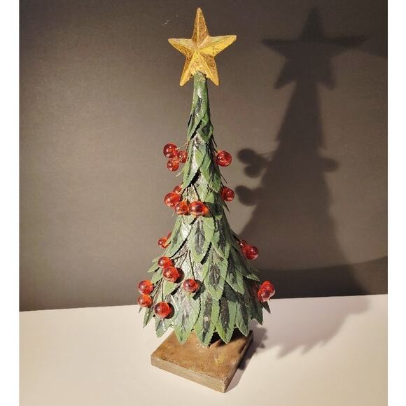 VTG Tabletop Metal Christmas Tree Holly Berries Star Rustic Weighted 14" Green - Picture 5 of 11